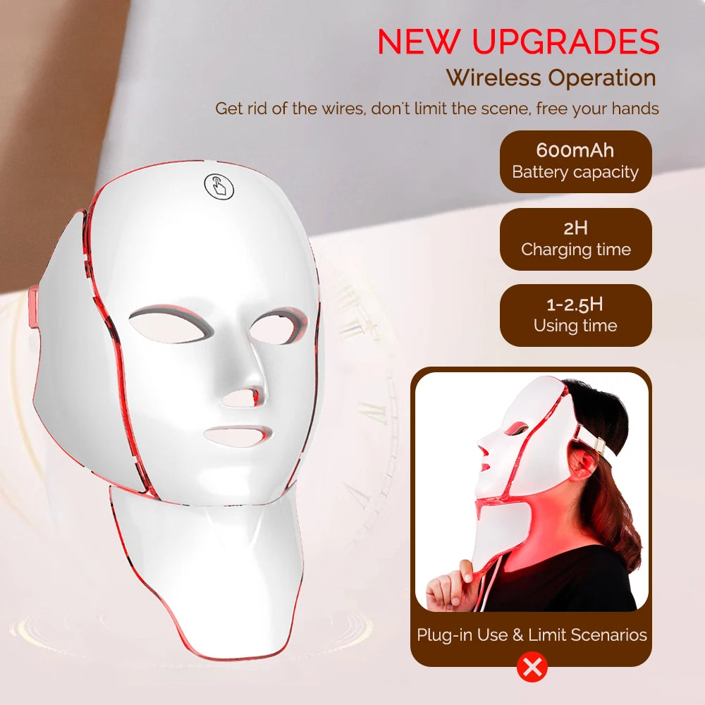 LED Facial Mask with Neck/7 Colors - Red Light Therapy Facial Mask for Anti-Aging, Rejuvenation & Brightening