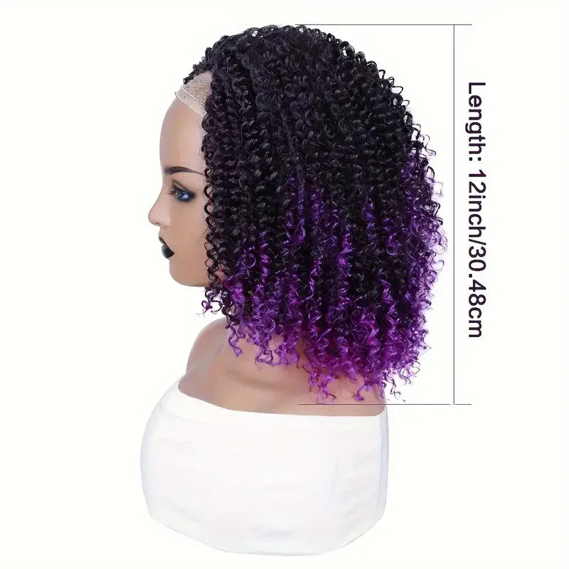 3/4 - Half Wigs, Short Synthetic Afro Curly Wigs, Purple Wigs for Women & Girls , Kinky Curly Bob