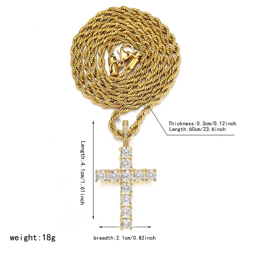 Cubic Zirconia Cross Pendant Necklace on Rope Chain