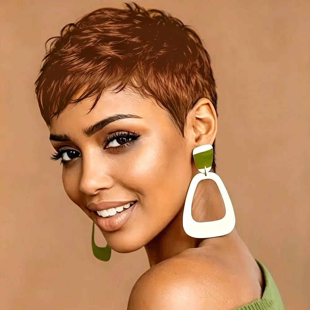 Brown/Black/Burgundy Pixie Cut Wigs, Short Straight Layered Human Hair Wigs for Women