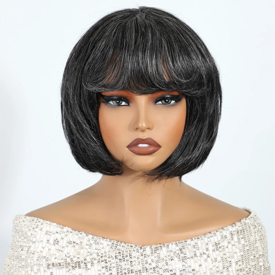 Salt & Pepper Pixie Straight Bob Wig, Wear & Go Dark Grey Glueless 5x1 Lace Wig, 100% Human Hair