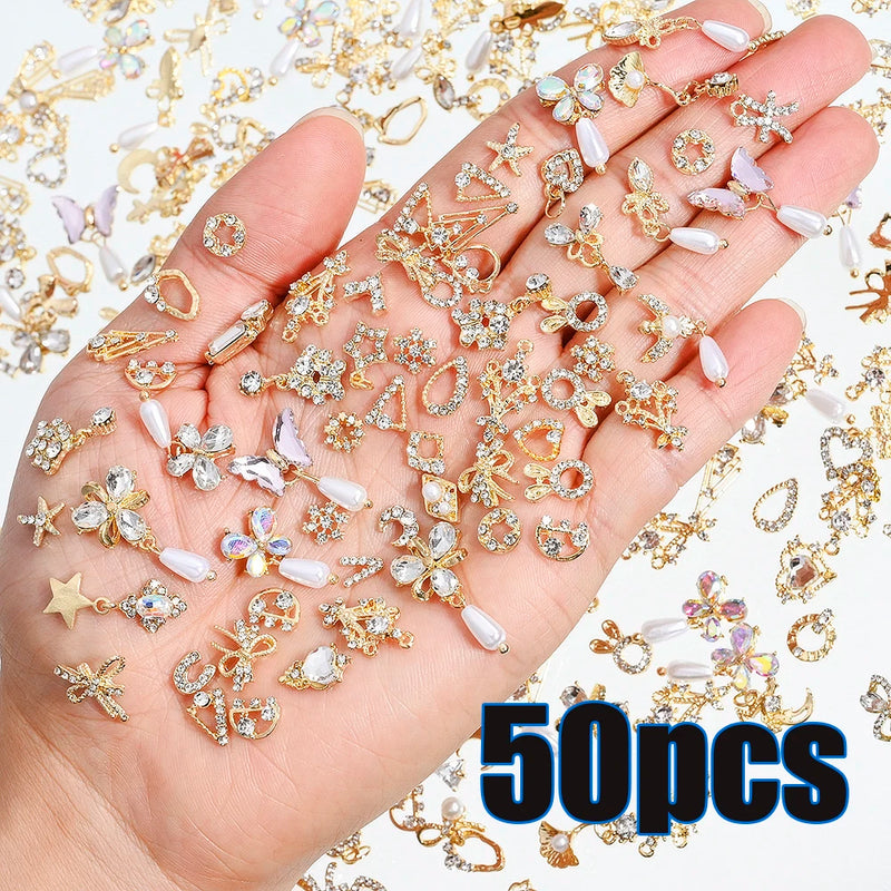 1 Bag Random Luxury Nail Art Dangle Jewelry, Mixed Style Nail Charms, Rhinestones 3D, 50 Pieces