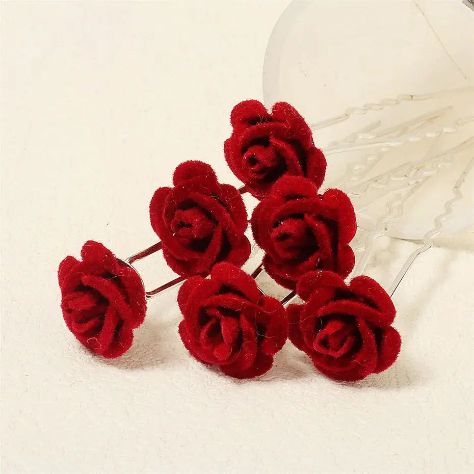 6 pcs/lot Red Rose Wedding/Bridal Hairpins, Flower Hair Accessories for Women, Bridal Headpiece, Floral Hair Pins-hair accessories-SWEET T 52