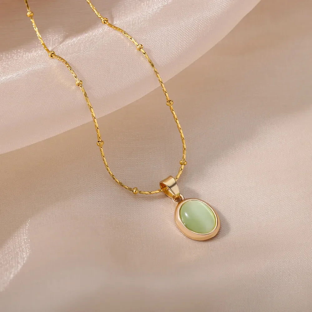 Green Opal Oval Pendant Necklace, Stainless Steel
