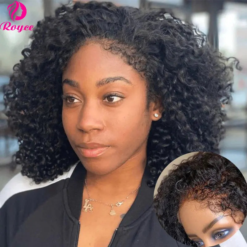 Kinky Curly Edged Short Bob - Human Hair Transparent Lace Front Wigs for Women & Girls, Remy Human Hair