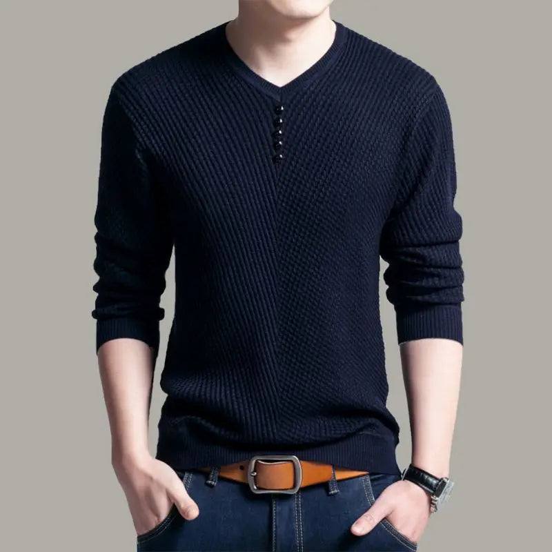 Simple V-neck Panel Button Tee, Slim Fit, Long Sleeve, Oversize Men's Thin Knitted Tee