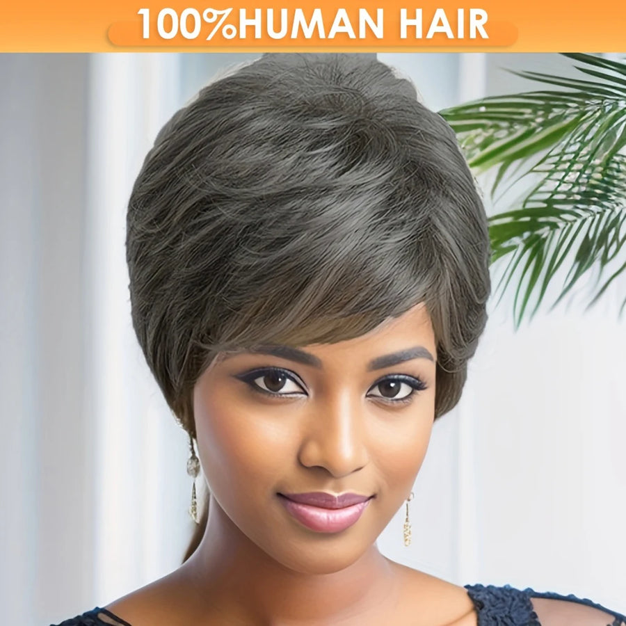 Grey Color Style Human Hair Wig Short Straight Layered Hair Wigs For Women Machine Made Wig For Party And Daily Use Sweet T 52