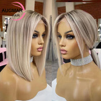 13x4 Short Bob Wig with Highlights, Human Hair. 13x6 HD Lace Frontal Wig, 360 Straight Lace Front Wig for Women