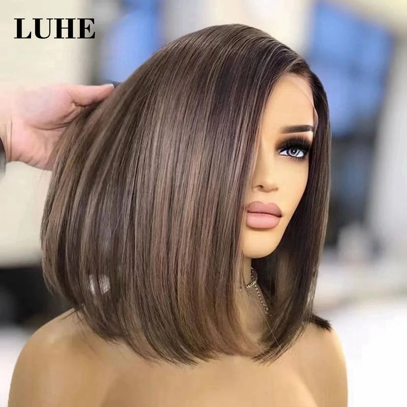 Ombre Ash Brown Highlights 13x3 Synthetic Lace Frontal Wigs for Women, Short Straight/Wavy Bob Lace Wigs