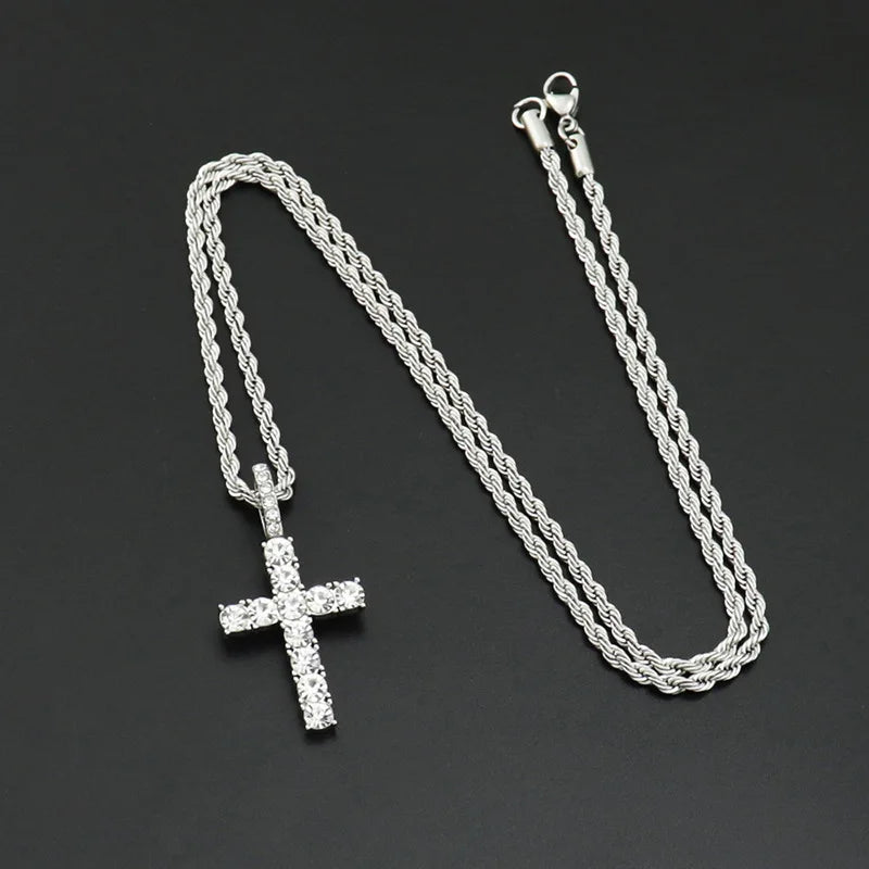 Cubic Zirconia Cross Pendant Necklace on Rope Chain
