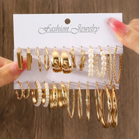 12 Pair Vintage Silver/Gold Color/Pearl Earrings for Women. Geometric/Round Circle/Square/Hoop Earring Set - SWEET T 52