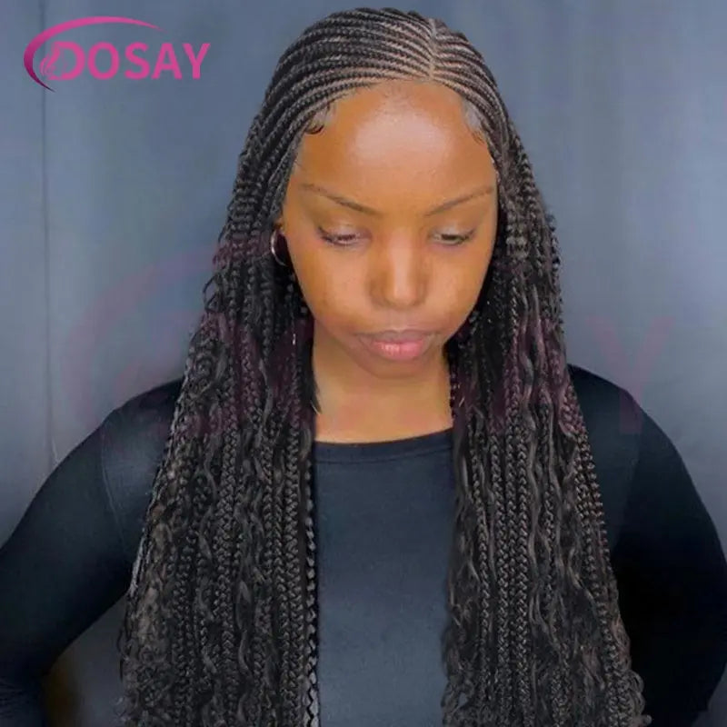Wear & Go Glueless Synthetic Boho Box, Full Lace Front, Braided Wig for Women. Curly Hair Bohemian Goddess Locs Braided Wig