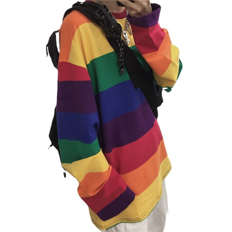 Rainbow Striped Oversized T-Shirt for Women and Girls With Long Sleeves and O-Neck