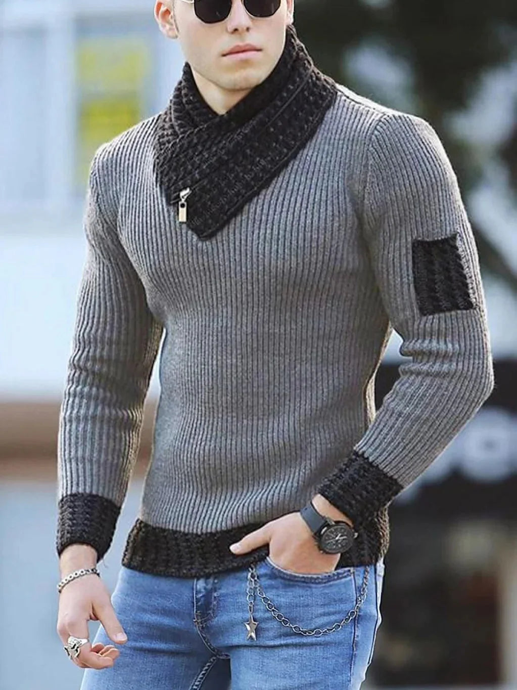Fall Hot Sale Of The Season Men's High Collar Long Sleeve Sweater Trendy Color Block Knitted Shirt Casual Wear Comfortable Soft Sweet T 52