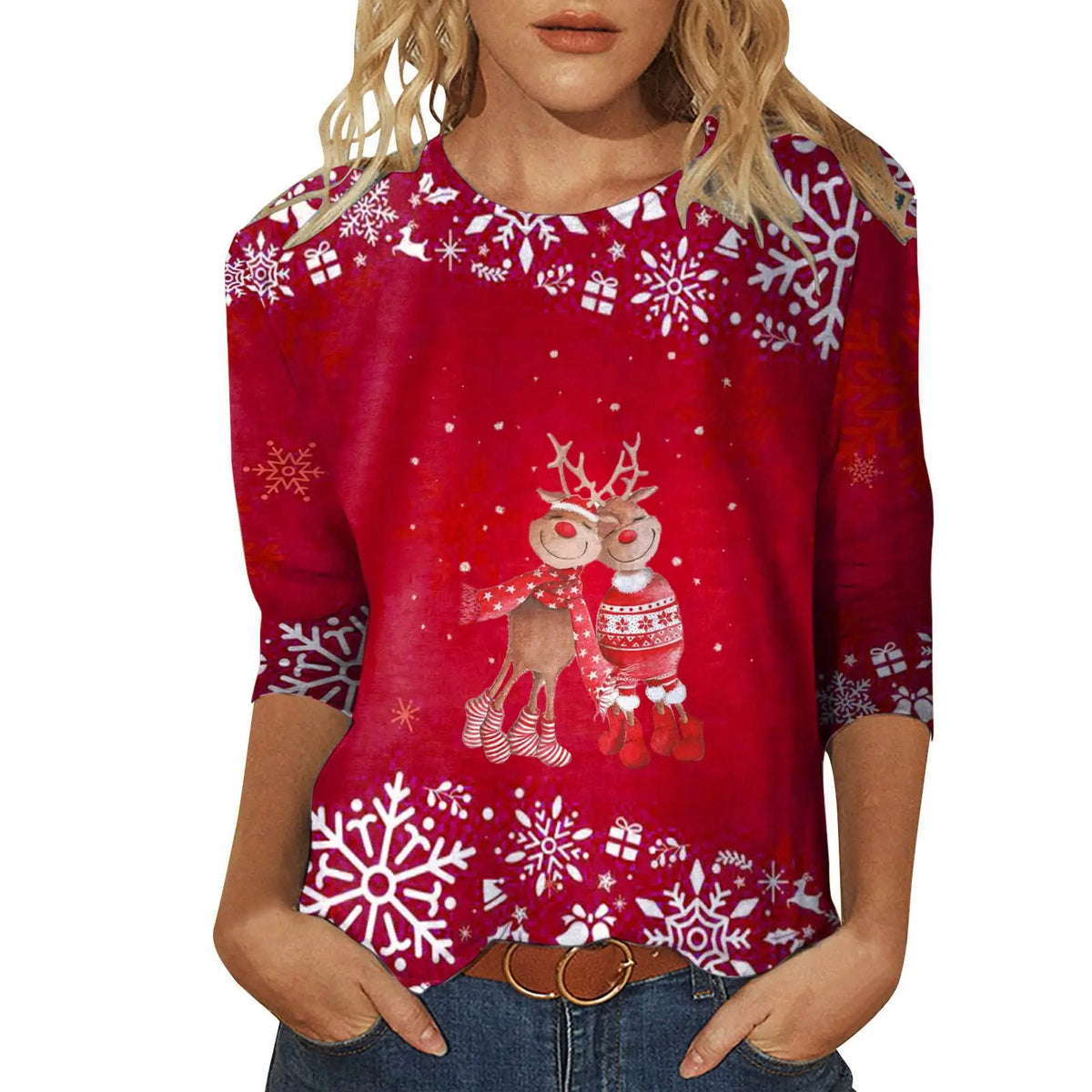 Christmas Limited Edition Women's 3D Red Snowflake Print Round Neck Long Sleeve T-shirt Fashion Casual Long Sleeve Top