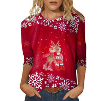 Christmas Limited Edition Women's 3D Red Snowflake Print Round Neck Long Sleeve T-shirt Fashion Casual Long Sleeve Top