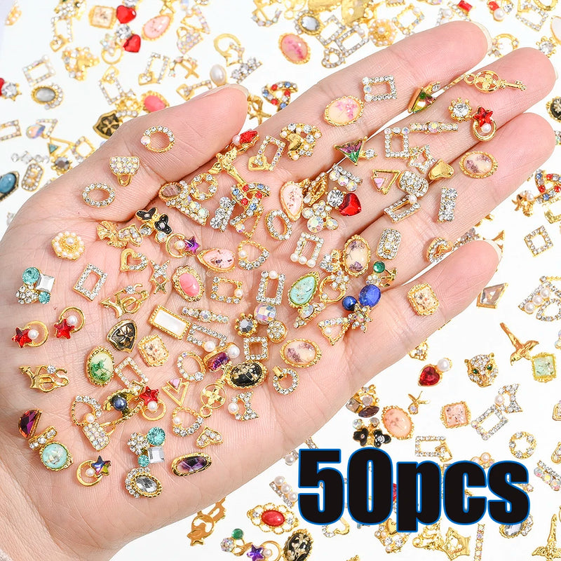 1 Bag Random Luxury Nail Art Dangle Jewelry, Mixed Style Nail Charms, Rhinestones 3D, 50 Pieces