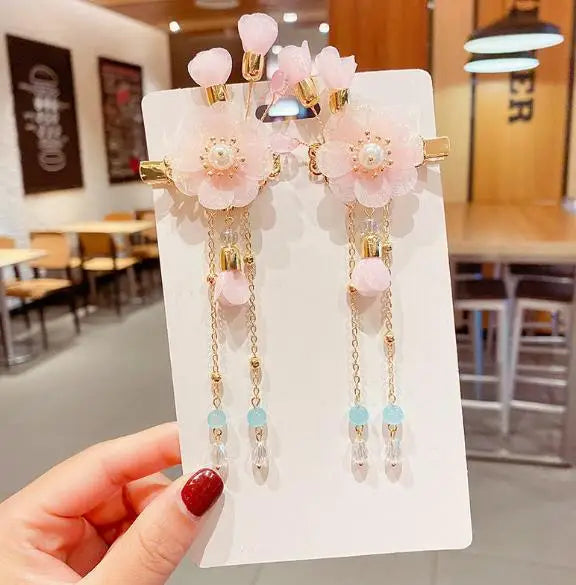 2pcs/set Chinese Style Pink Blue Flower Pearls, Long Tassel Hairpins, Clips, Headpieces for Kids.