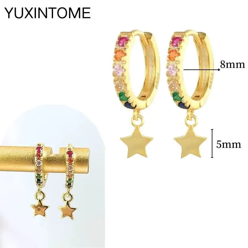 925 Silver Needle Star Hoop Earrings for Women - Five-pointed Star and Moon Pendant Huggie Earrings