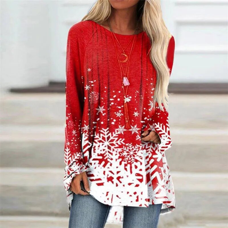 Women's Christmas Tee with Long Sleeves in a Pullover Style with O-Neck - XS to 8XL Sizes
