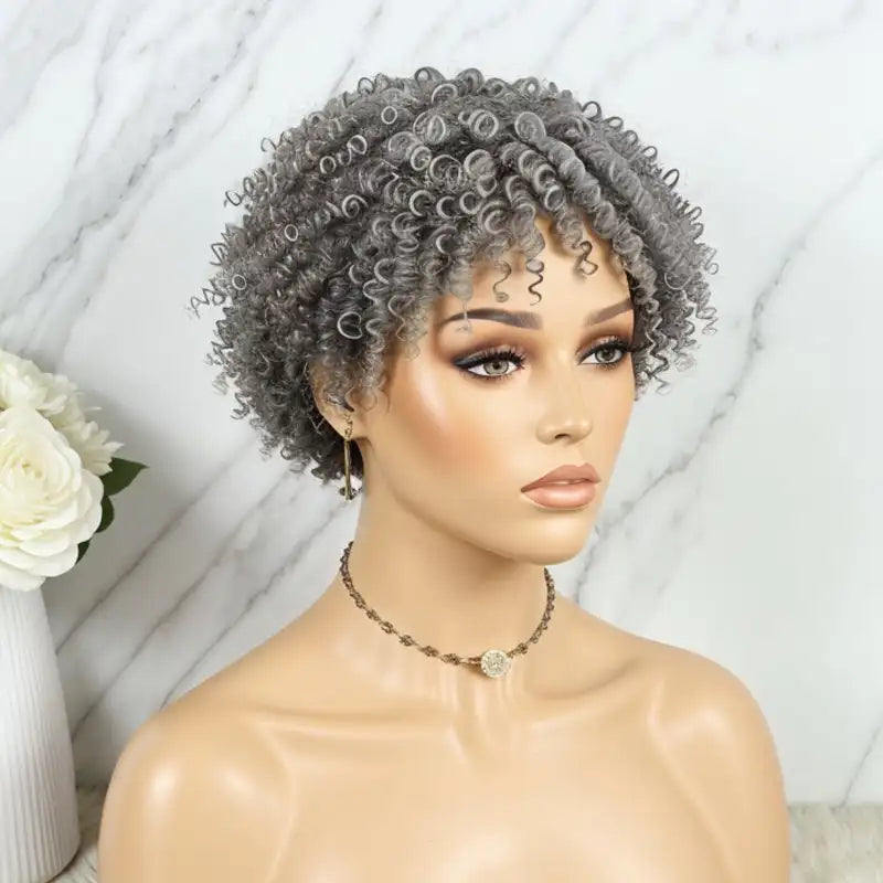 Deep Wave With Bangs Human Hair Wigs, Curly Salt & Pepper Wigs for Women, Pixie Cut