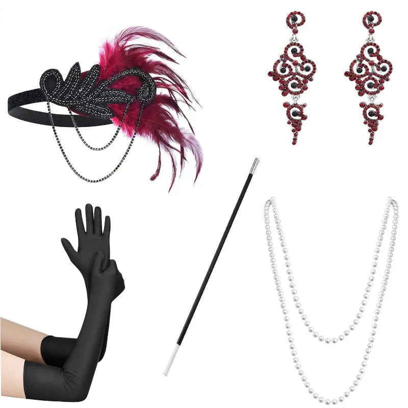 5pcs 1920s Dressed Up Ball Wearing Feather Headband, Gloves, Earrings & Necklace for Female Flapper Girl - Gatsby Accessories for Party
