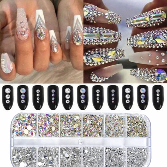 12Gird Box Multi Size AB/Colorful Non-Hotfix Rhinestones Flatback Crystal Diamond Gems 3D Glitter Nail Art Luxurious Decorations SWEET T 52