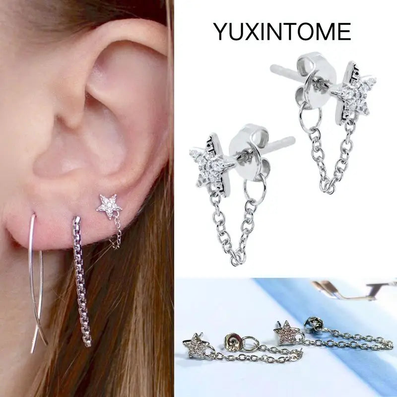 925 Silver Needle Star Hoop Earrings for Women - Five-pointed Star and Moon Pendant Huggie Earrings