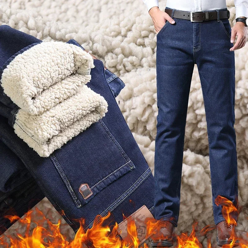 Winter Men's Fleece Thick Sherpa Jeans Business Casual Velvet Straight Denim Pants Male Wool Plush Classic Stretch Trousers Sweet T 52