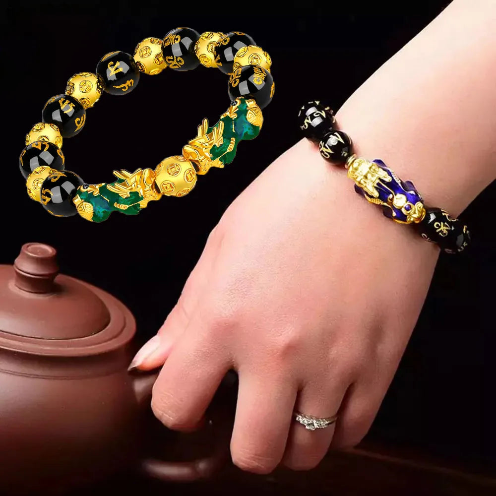 Fashion Jewelry - Obsidian Stone Beads (Attract Wealth) Feng Shui Good Luck Bangle Bracelets