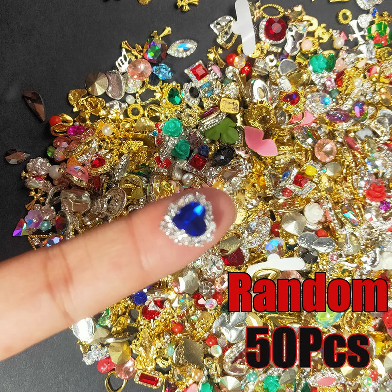 1 Bag Random Luxury Nail Art Dangle Jewelry, Mixed Style Nail Charms, Rhinestones 3D, 50 Pieces