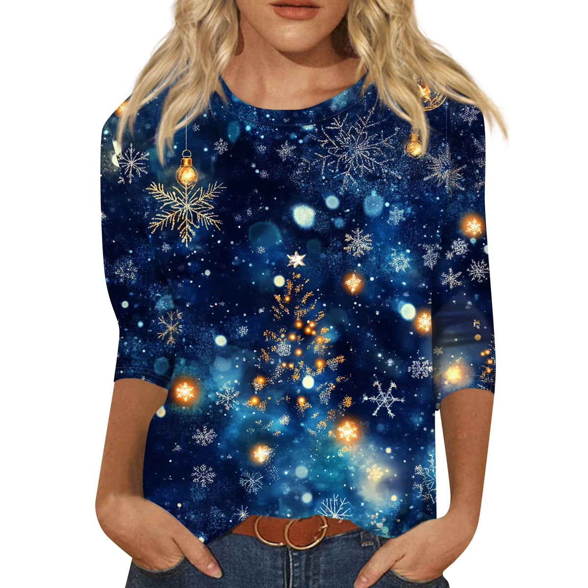 Christmas Limited Edition Women's 3D Red Snowflake Print Round Neck Long Sleeve T-shirt Fashion Casual Long Sleeve Top