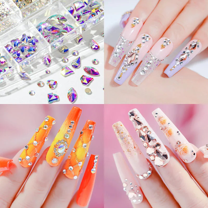 12Gird Box Multi Size AB/Colorful Non-Hotfix Rhinestones Flatback Crystal Diamond Gems 3D Glitter Nail Art Luxurious Decorations SWEET T 52