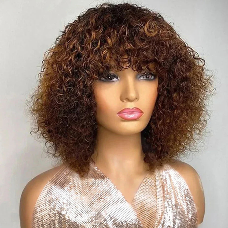 Jerry Curly Pixie Bob Wig — Honey Blonde Highlight, Human Hair, Ships from USA
