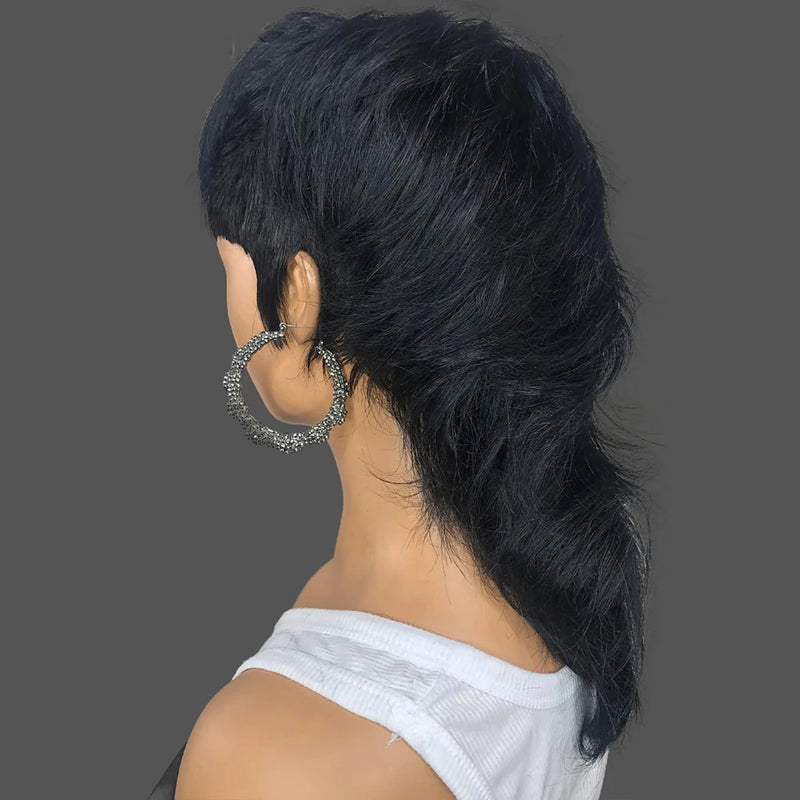 Mullet Wigs - Short Pixie Cut Wigs - Full Machine Made Wigs with Bangs, Glueless Human Hair Wigs for Women