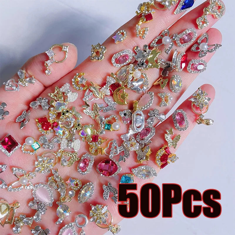 1 Bag Random Luxury Nail Art Dangle Jewelry, Mixed Style Nail Charms, Rhinestones 3D, 50 Pieces