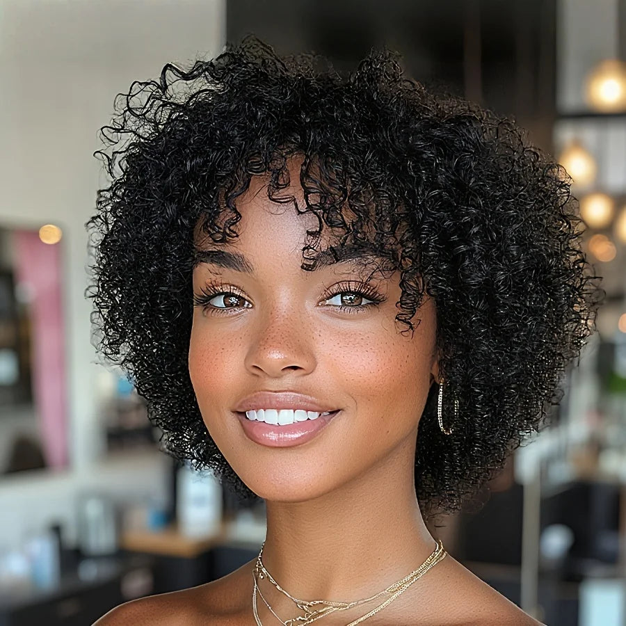 8 Inch Pixie Cut Kinky Curly Wig with Bangs for Women - Brazilian Human Hair, Short Curly Style, Full Machine Made