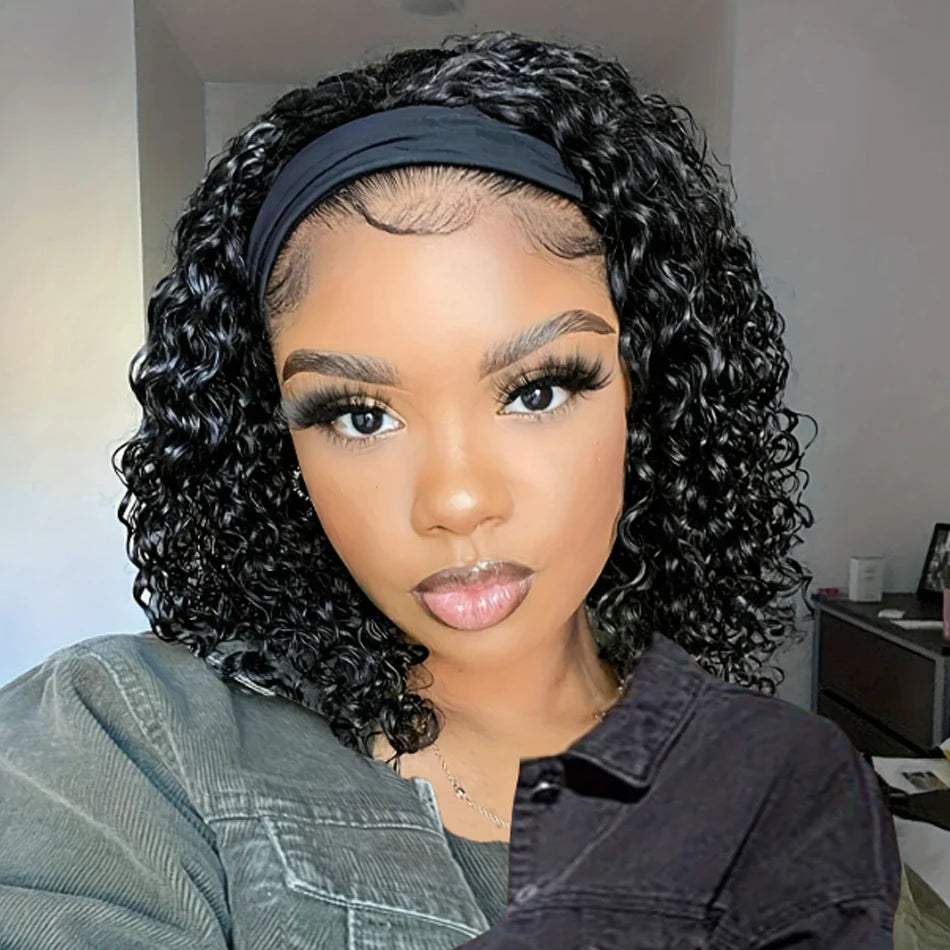 Kinky Curly Headband Wig. Human Hair Curly Bob Wig for Women. Full Machine Made Wig, Natural Black Hair