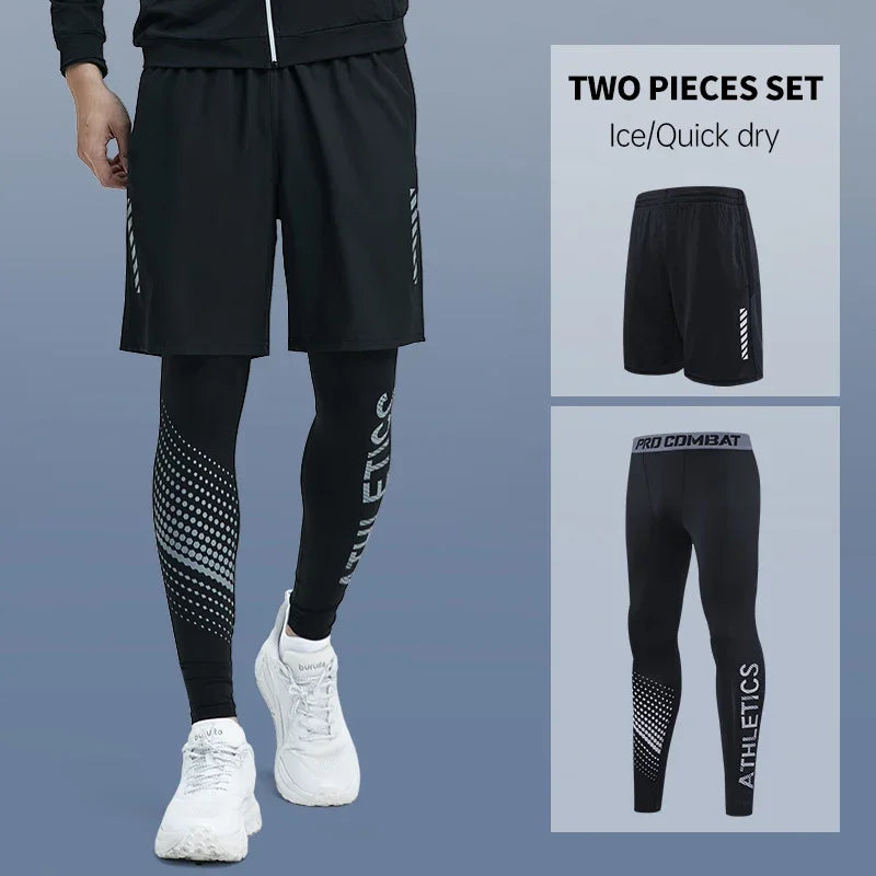 New 2-piece tight pants men's cycling base fitness shorts quick drying high elasticity sports set running training compression Sweet T 52