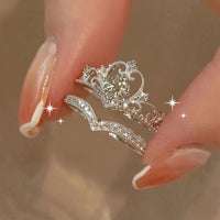 Crystal Crown Ring Set, 2 Pieces, Stainless Steel