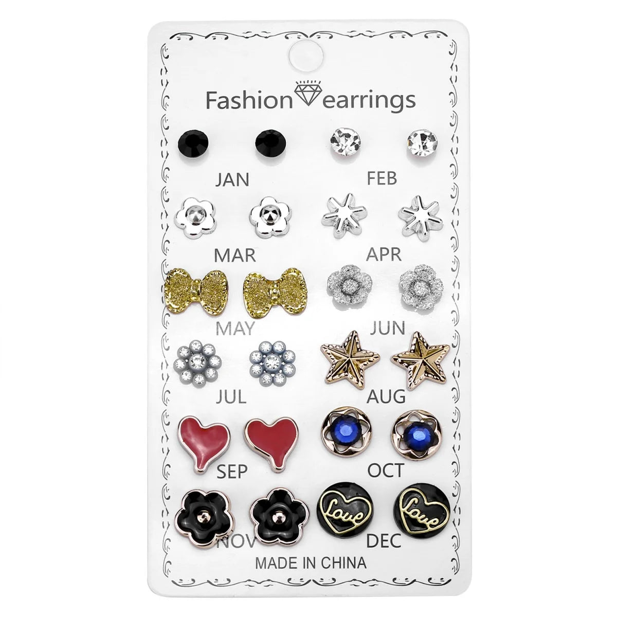 12 Pair/Set Rhinestones - Flower, Bowknot, Star, Heart Stud Earrings for Women/Men. Simple Earrings Jewelry