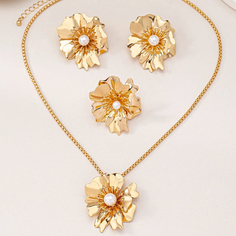 Flower Jewelry Set, Gold Metal/Pearl/Petal Pendant Necklace, Earrings & Ring for Women