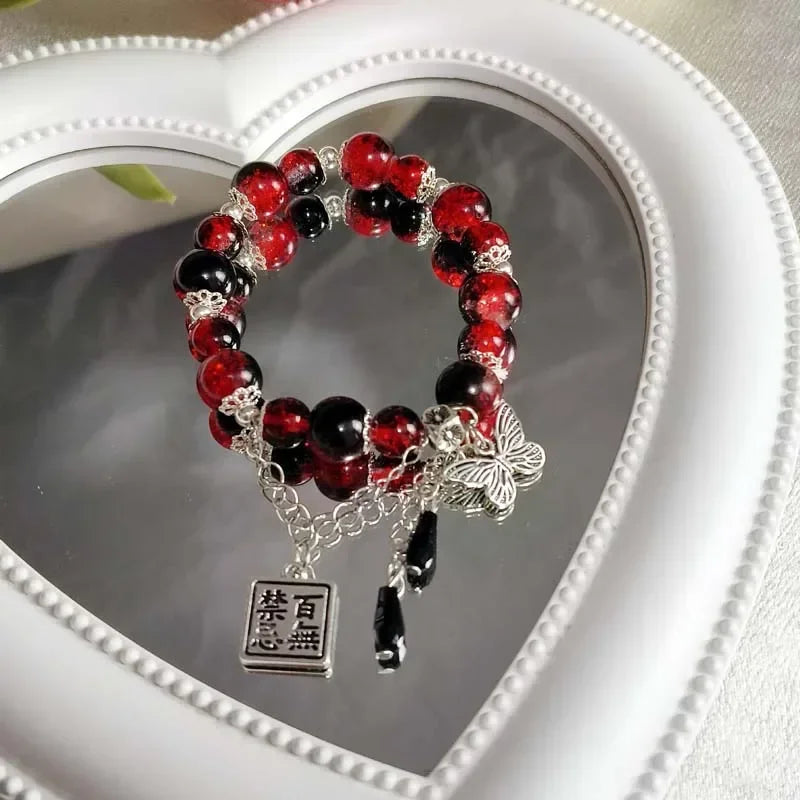 2024 New Trendy Red Beaded Chain Bracelet for Women Simple Hollow Butterfly Pendant Bracelets Jewelry Gifts Accessories Sweet T 52