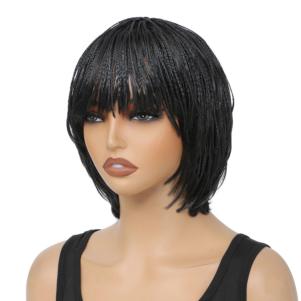 Short Braided Wig With Bangs. Synthetic Box Braids, Crochet Braiding Wigs for Women, Pixie Cut