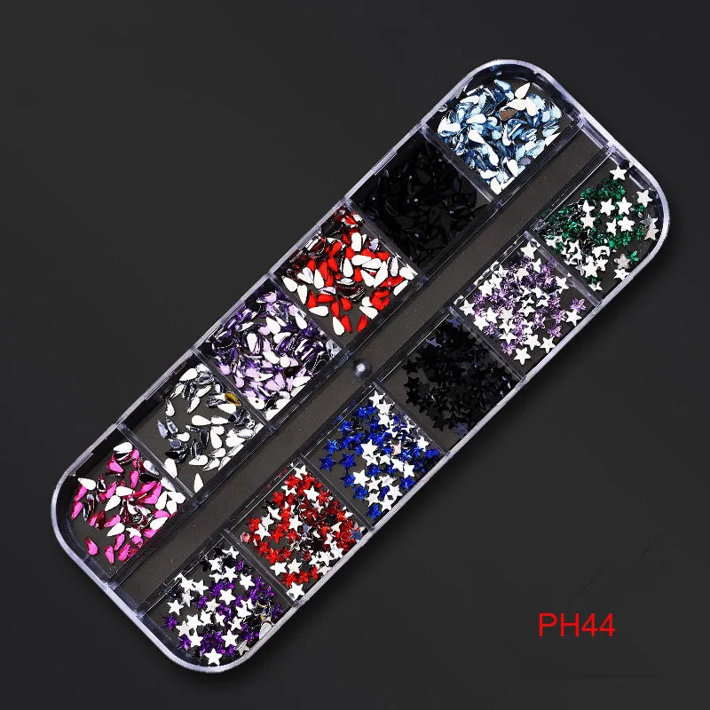 12Gird Box Multi Size AB/Colorful Non-Hotfix Rhinestones Flatback Crystal Diamond Gems 3D Glitter Nail Art Luxurious Decorations SWEET T 52