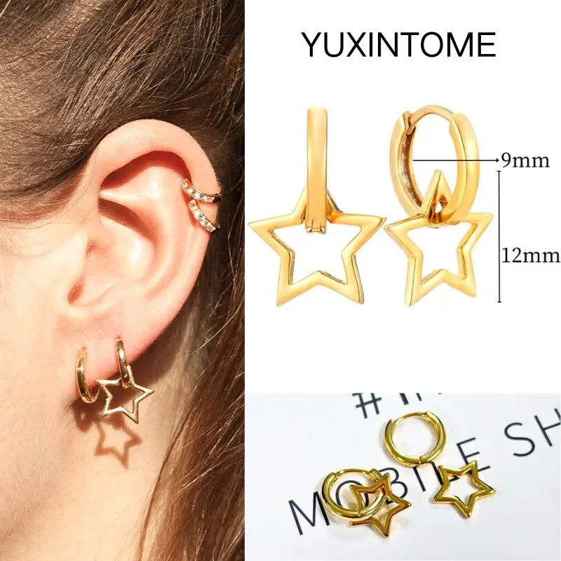 925 Silver Needle Star Hoop Earrings for Women - Five-pointed Star and Moon Pendant Huggie Earrings
