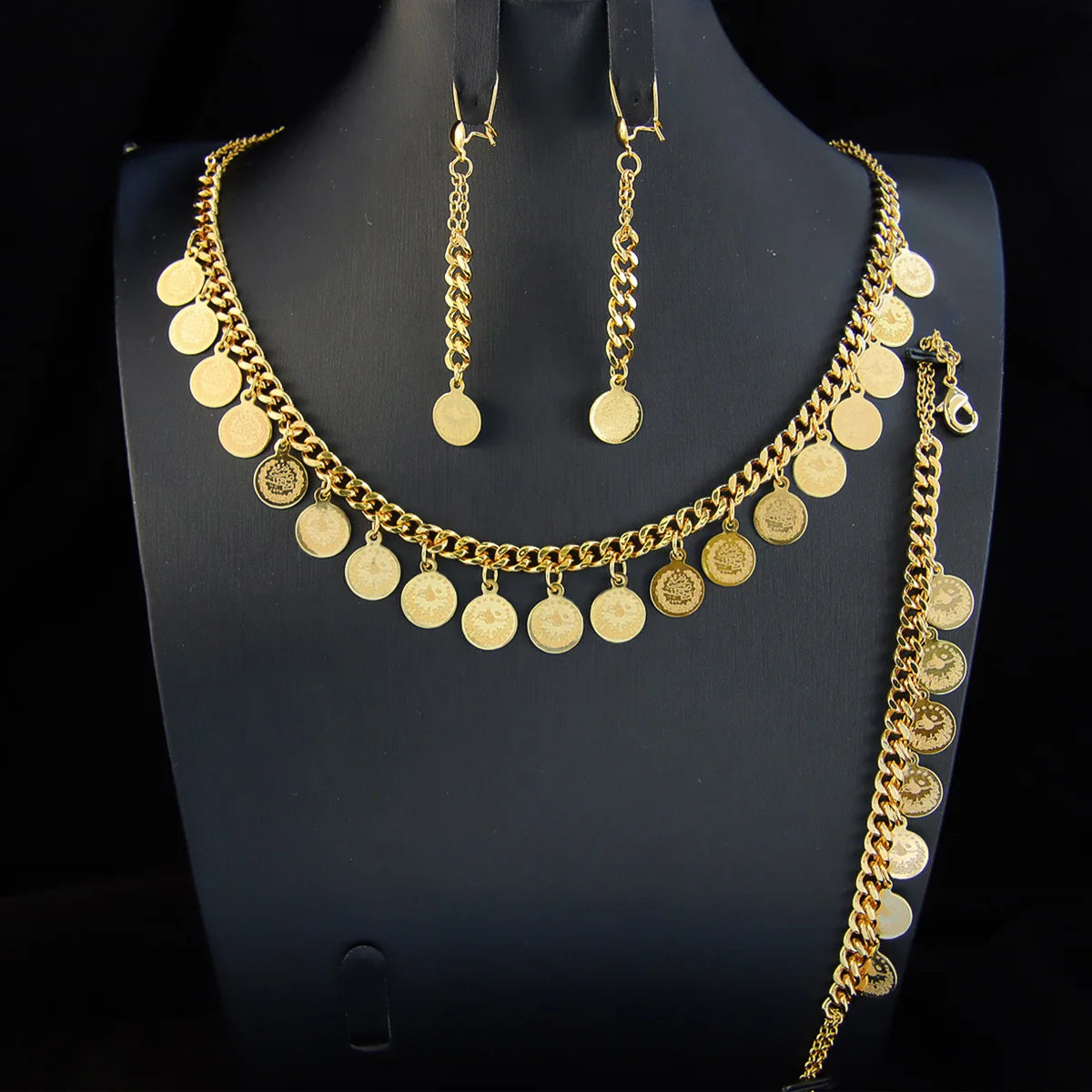 Luxury Arabic Gold Color Coins Necklace Set 21k Gold Plated Turkish Coin Chains Islamic Muslim Women Wedding Party Jewelry Sweet T 52