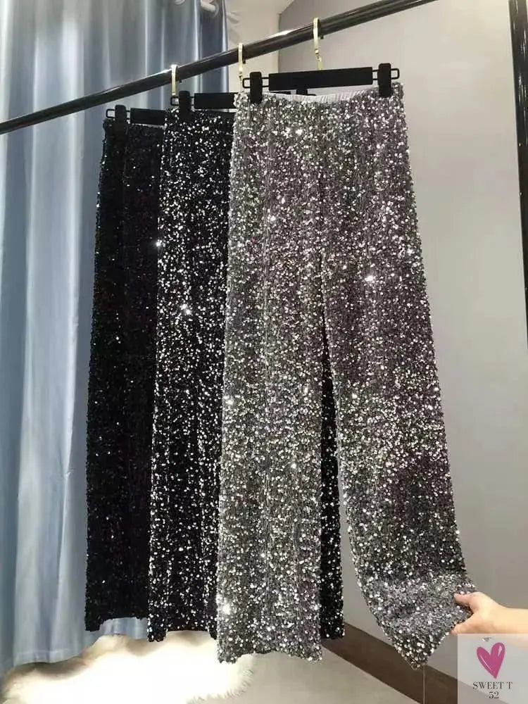Sequined Wide Leg Trousers - Shiny Full Length Straight Women's Elastic Waist, High Street 2023 Fashions-Pants-SWEET T 52