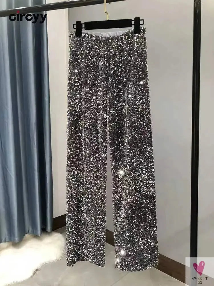 Sequined Wide Leg Trousers - Shiny Full Length Straight Women's Elastic Waist, High Street 2023 Fashions-Pants-SWEET T 52
