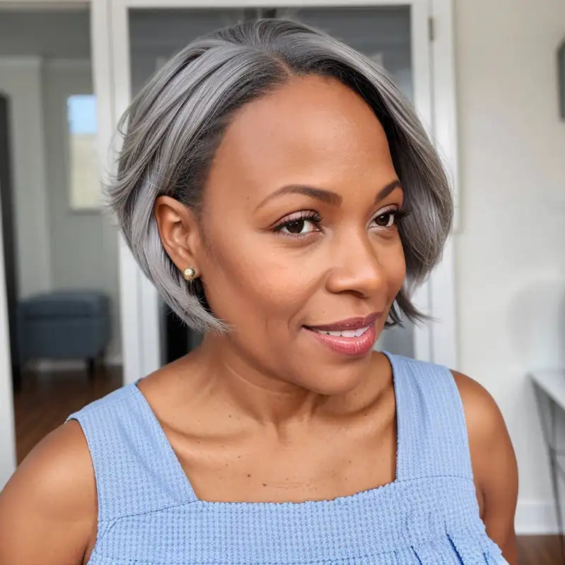 Salt And Pepper Short Pixie C Part Cut Glueless 5x5 Closure Lace Wig 100% Human Hair Sweet T 52